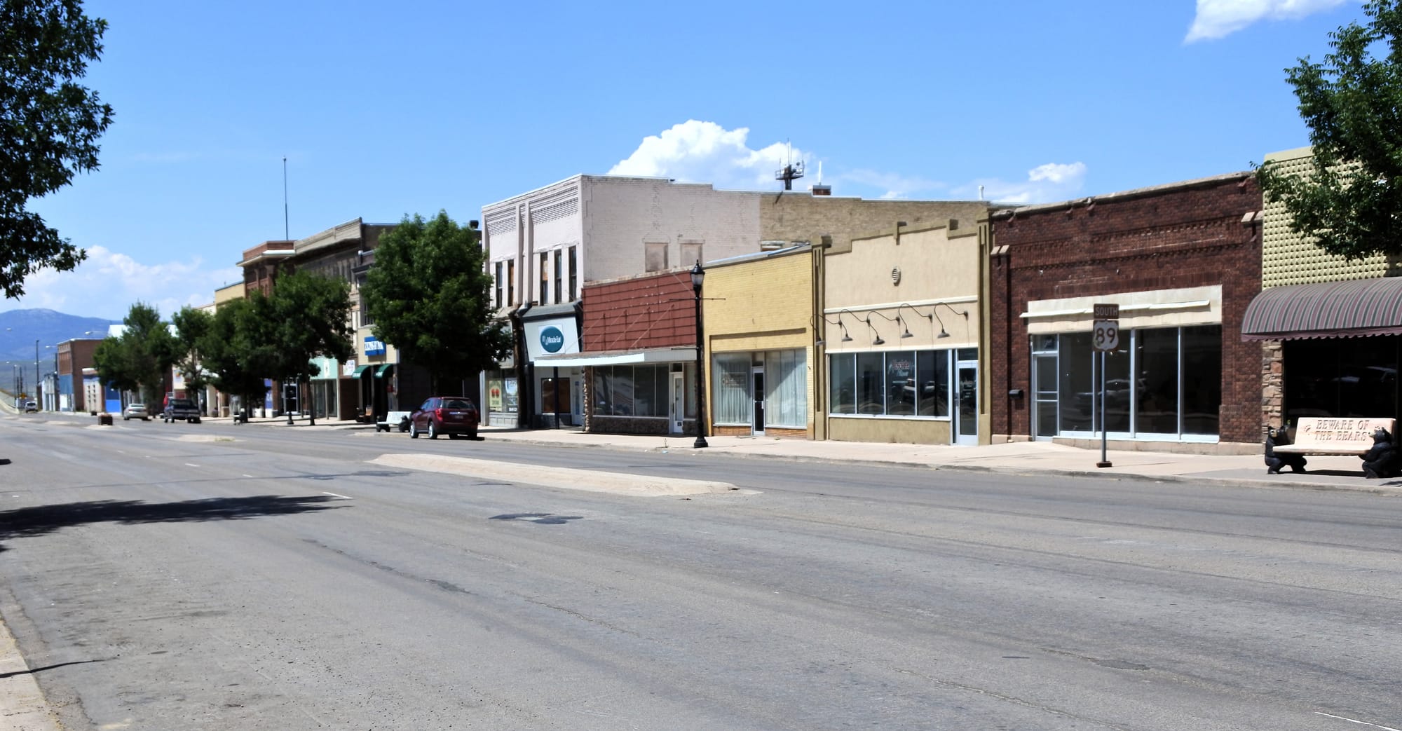 Washington Street in downtown Montpelier, Idaho, looking along the brick storefronts on Highway 89